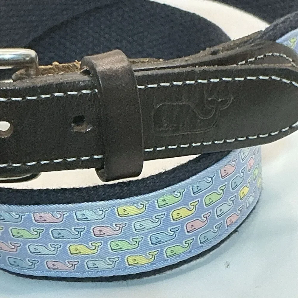 Vineyard Vines Navy Pink Blue Whale Logo Canvas Club Brown Belt Size 28 Made USA